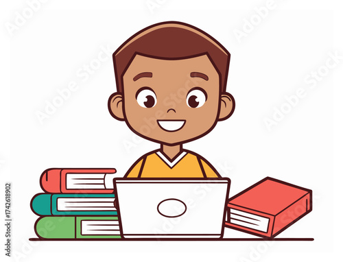 Young Boy Learning with Laptop and Books Education Concept Illustration