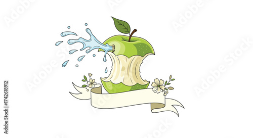 A half-eaten apple with water splashing from it sits on a banner.