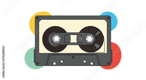 A vintage cassette tape with colorful circles in the background.
