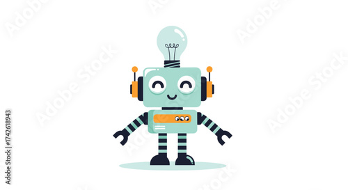 A cute and friendly robot with a lightbulb on its head has a great idea.