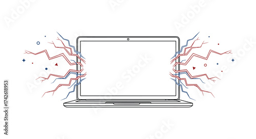 Computer screen showing abstract red and blue streamers and confetti. .