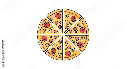 A freshly baked pizza cut into eight delicious slices.