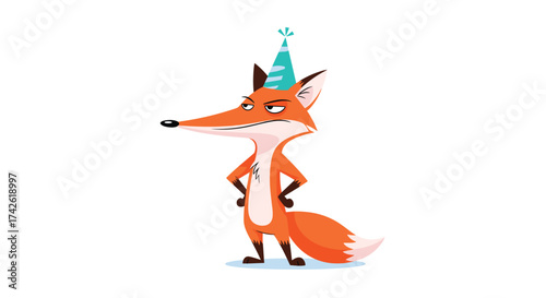 Grumpy fox wearing a party hat with paws on hips.