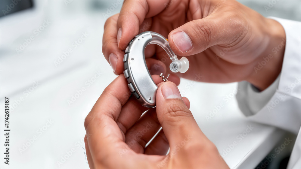 Fototapeta premium Timely maintenance and testing of medical devices for improving hearing, hands of a specialist inspecting a hearing aid during repair and diagnostics