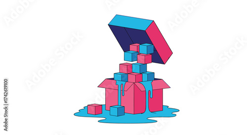 Unboxing a pile of blue and pink cubes spilling out of a box.