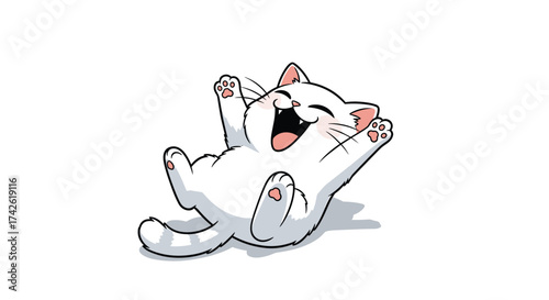 This adorable white cat is joyfully rolling around on its back with its mouth wide open in laughter.