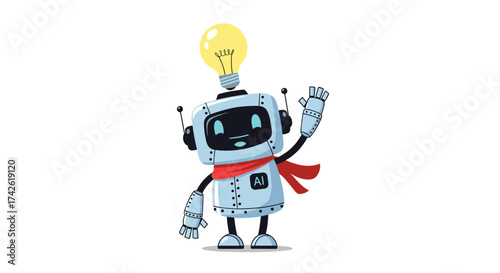 A friendly robot with a light bulb on its head waves hello.