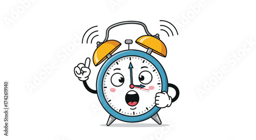 A cartoon alarm clock ringing loudly to wake you up in the morning.