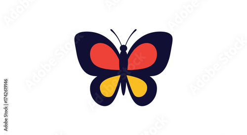 A colorful butterfly with large wings flies against a white background.