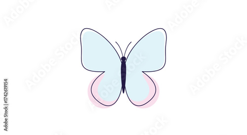 A beautiful blue butterfly fluttering its wings in the meadow. The butterfly is light blue with pink accents.