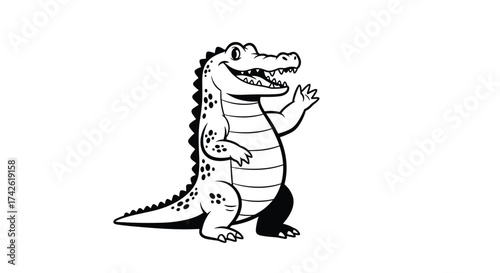 A friendly alligator waves hello with a smile and a jaunty wave to the viewer.