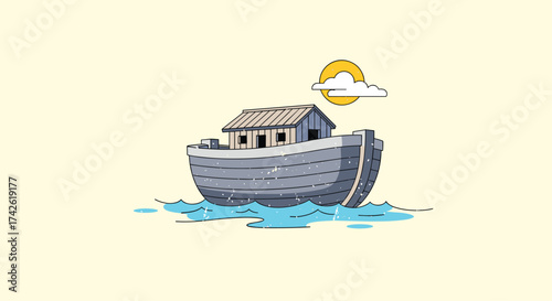 Noah's ark floating on water under the sun and clouds.