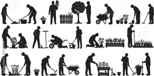 Gardening activity silhouette illustration set, outdoor work and horticulture concept artwork for education, sustainability, and lifestyle design