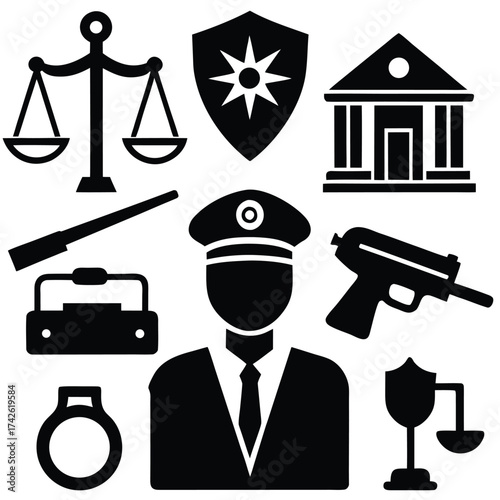 Vector set of police officer icons and symbols with a gun illustration pictogram
