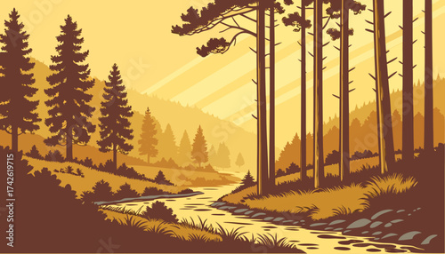 Autumn sun setting over a foggy mountain forest landscape