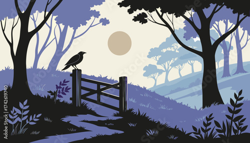 Dark, spooky forest landscape vector illustration with silhouette of a tree and moon in the night sky, perfect for a Halloween holiday nature design