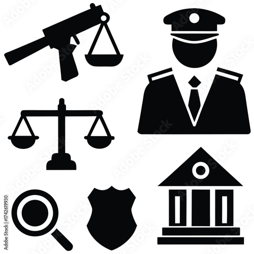 A comprehensive vector illustration set of justice and law icons, featuring the scales of balance as a central symbol for legal concepts