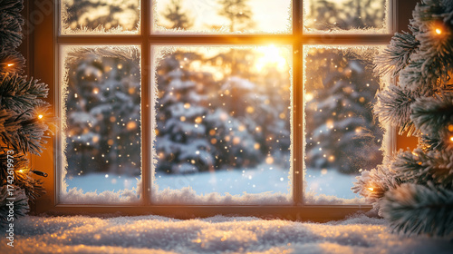 Snowy winter forest glowing under golden sunlight viewed through frosted window with Christmas tree branches decorated with warm lights. Concept of holiday, winter, peace and seasonal beauty.