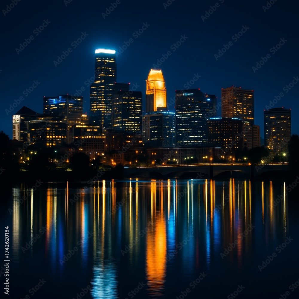 Fototapeta premium Modern city skyline at night with colorful reflections in water