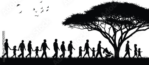 Group walk in nature silhouette illustration, family and community outdoor scene artwork, peaceful environment and wellness lifestyle concept
