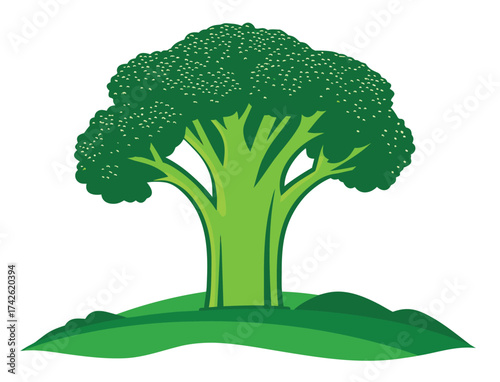 Stylized Broccoli Illustration on Green Hills for Food and Health Concepts
