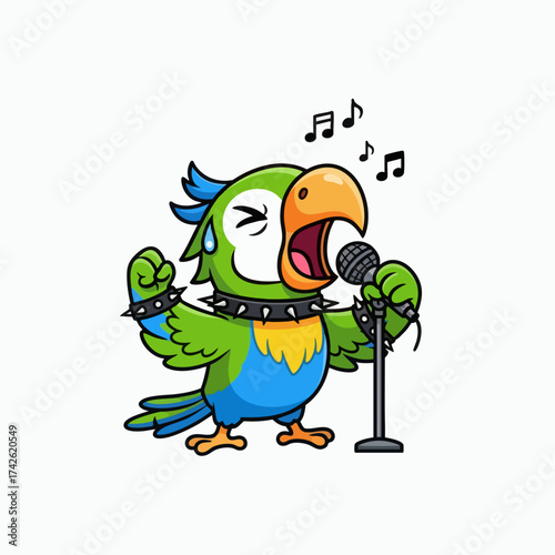 Cute Parrot Rock Star Singing with Microphone and Music Notes.