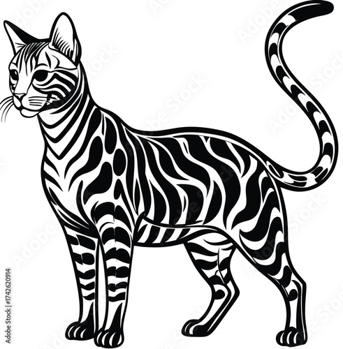 Elegant Bengal Cat Silhouette Outline with Sleek Muscular Body and Striking Spotted Fur Pattern, a Stunning Vector Art Illustration
