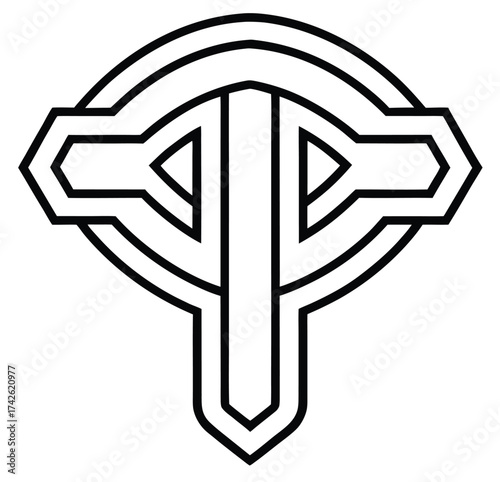 Geometric symbol resembling an abstract shield or emblem, outlined in bold black lines on a white background, evoking a sense of strength and modernity suitable for branding or design elements