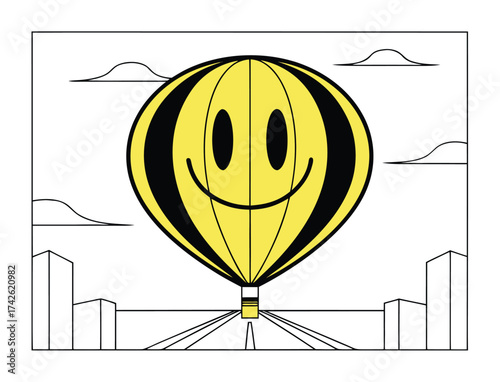 Cartoon Hot Air Balloon with Smiley Face Over City Scenery