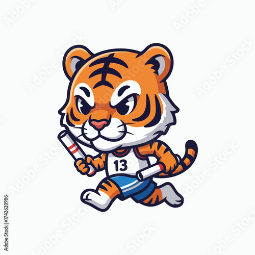 Cute Tiger Mascot Running with Baton in a Relay Race.