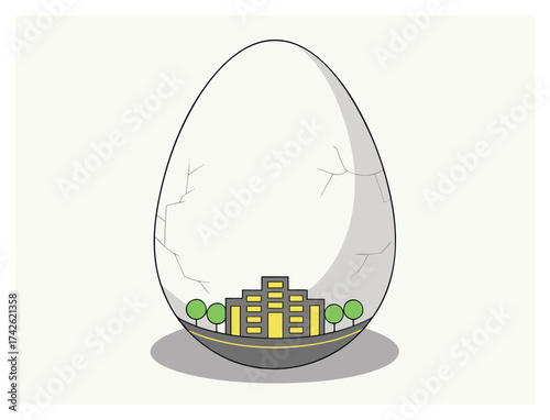 Cityscape Inside a Cracked Eggshell Illustration Dreamlike Future Concept