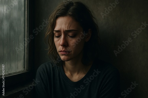Emotional woman sitting near window looking sad and reflective