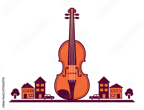 Vector illustration of a violin in a suburban setting with houses