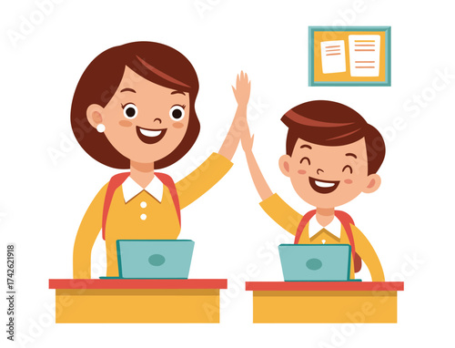 Excited Student and Teacher High Five in Classroom with Laptops