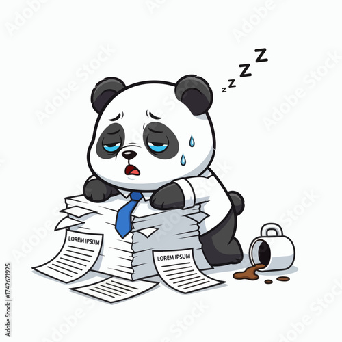 Tired Panda Office Worker Overwhelmed by Paperwork and Spilled Coffee.