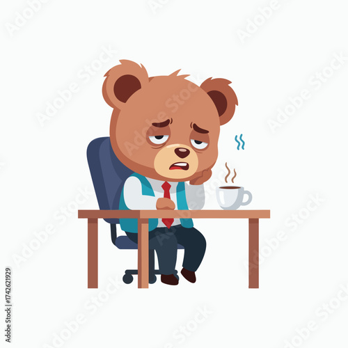 Tired Bear Businessman at Desk with Coffee.