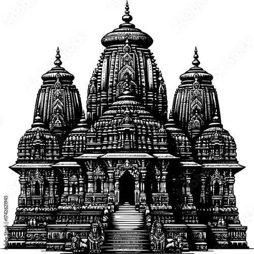 Sacred Structure: An detailed, black-and-white illustration showcases an ornate temple, its towering spires and intricate carvings exuding a sense of history and devotion. 