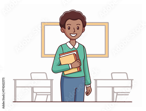 Illustration of smiling teacher holding books in a classroom setting