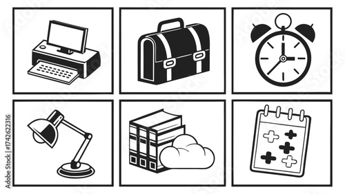 Black silhouette office icon set with business computer and money illustration for web service