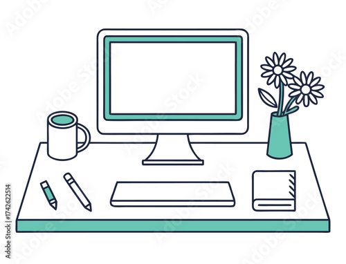 Minimalist Desktop Workspace with Computer Flowers and Stationery Illustration Style