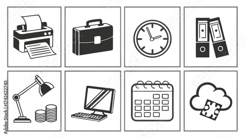 A black vector set of business and office icons like a phone, camera, computer, and money for web design and internet media illustration