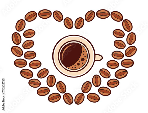 Coffee cup surrounded by coffee beans arranged in a heart shape