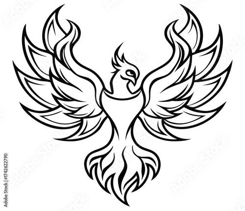 Bold black and white outline of a majestic phoenix with fiery wings, designed in an angular, tribal style. This mythical firebird illustration is ideal for a tattoo symbolizing rebirth and power