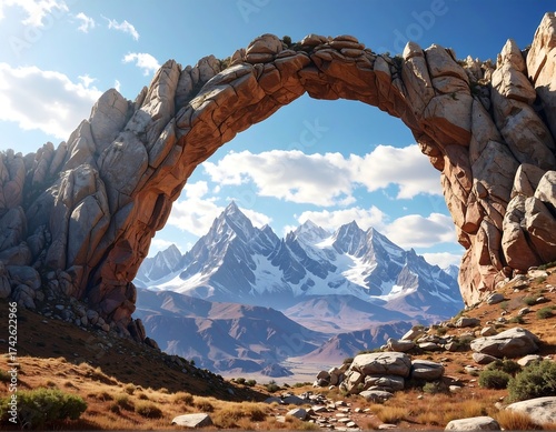 Massive stone arch framing snow-capped mountains beneath a sunny sky