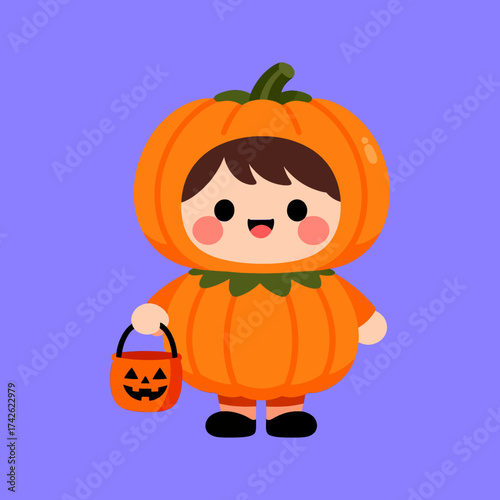 Cute child in pumpkin costume holding a Halloween candy basket.