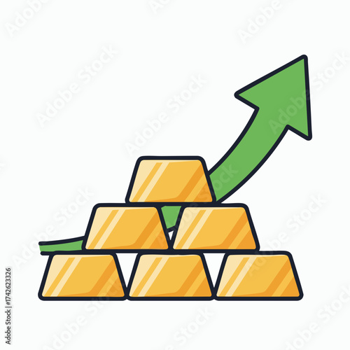 Gold bars stacked with an upward green arrow indicating growth and investment.