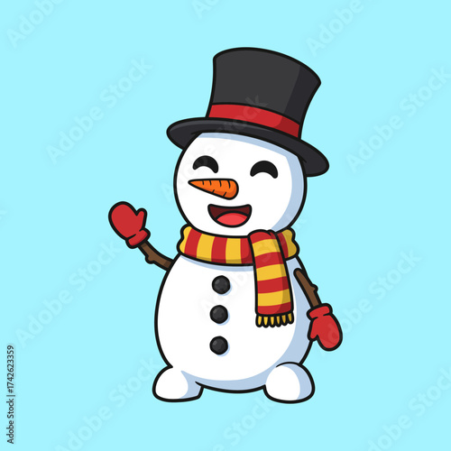 Cute Snowman Waving Hello in Winter Wonderland.