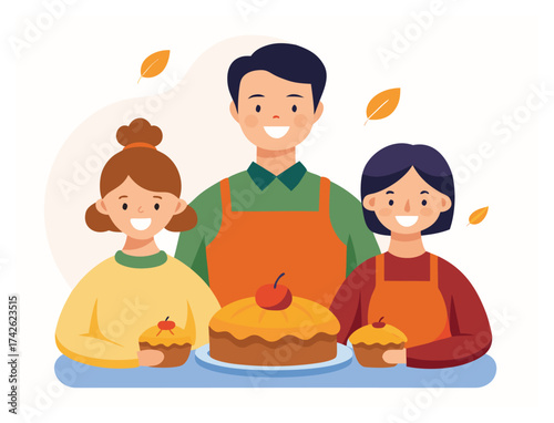 Happy family baking together making pies and muffins in autumn season