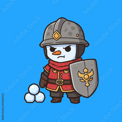 Cute Snowman Warrior with Shield and Snowballs Ready for Battle.