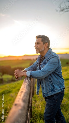 Mature man leaning on fence gazing at sunset over a grassy field